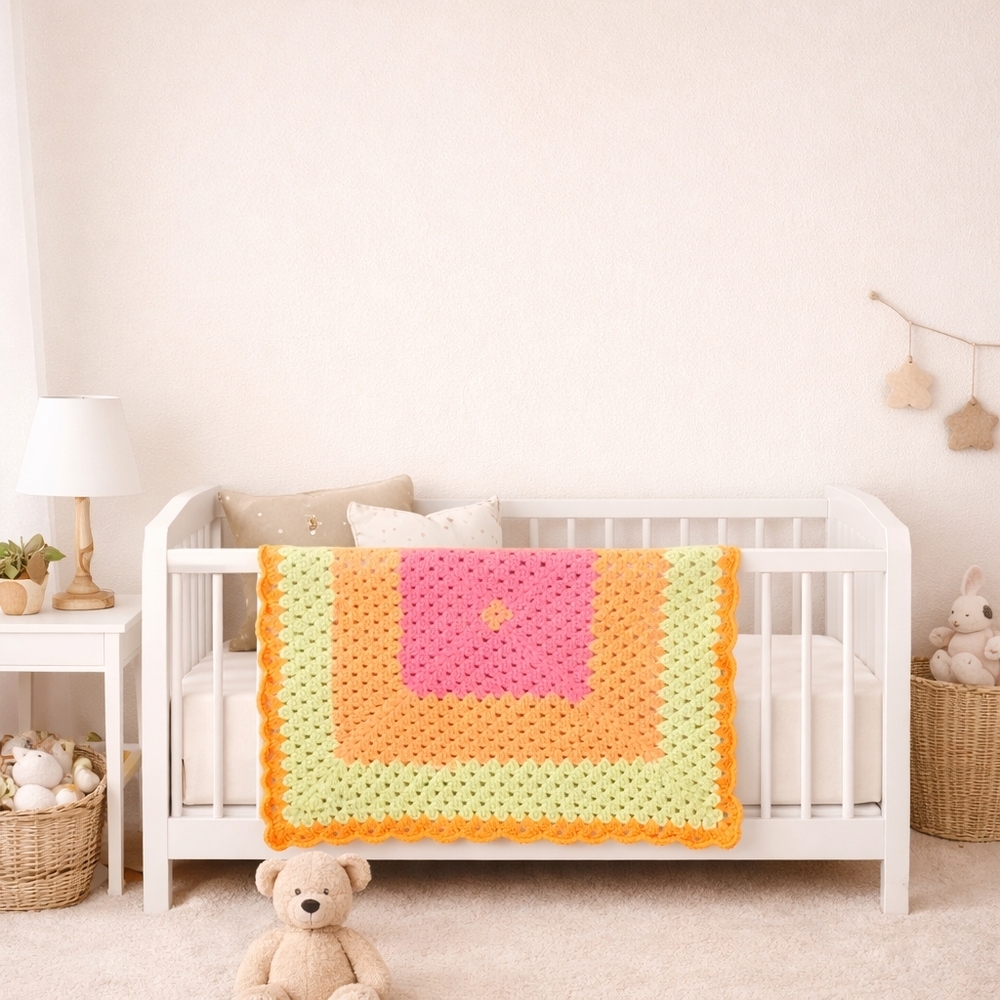 Handmade Super Soft Colorful Neon Crocheted Granny Square Blanket New